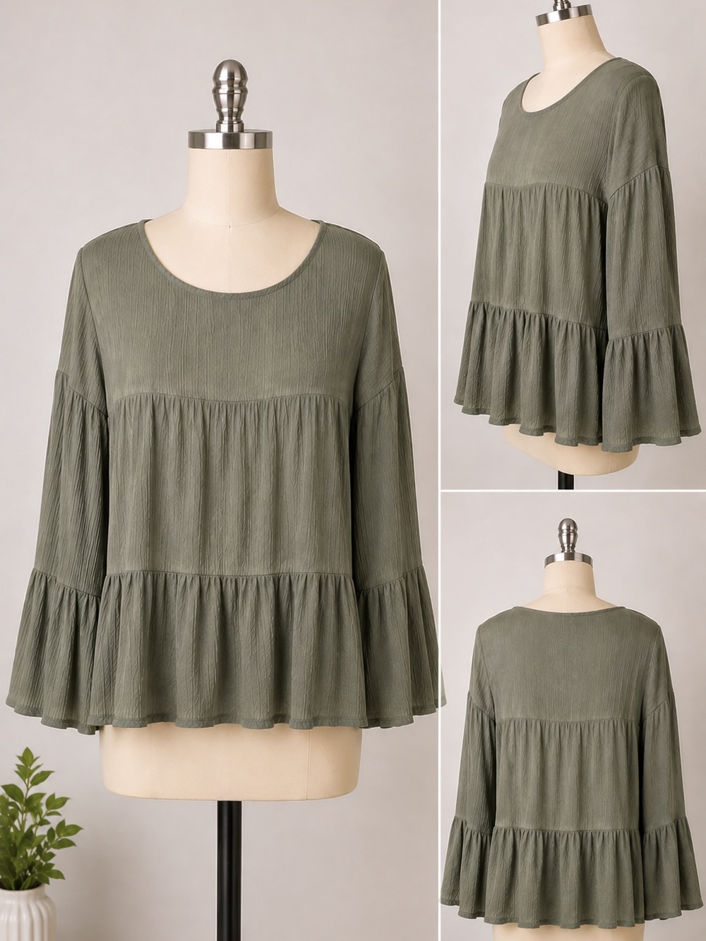 Mahina Crinkle Babydoll Top Women’s Small Moss Green Boho Bell Sleeve